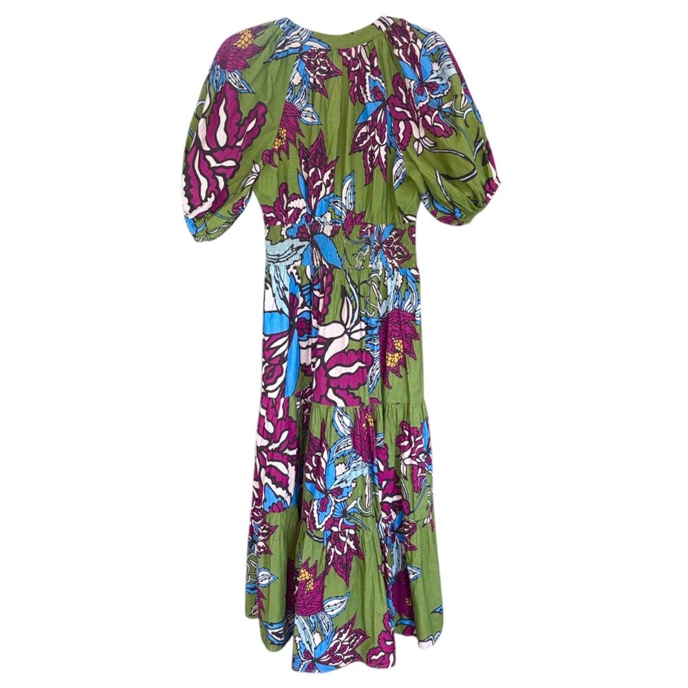 Green Floral Midi Dress with Puff Sleeves - Picture 14 of 16